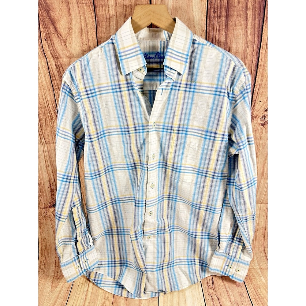 Alan Flusser Mens Shirt Button Down Blue Yellow Plaid‎ Long Sleece SMALL